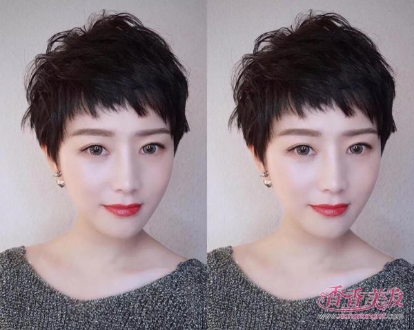 超短发做了碎发修剪,发顶发丝做层次感的 烫发